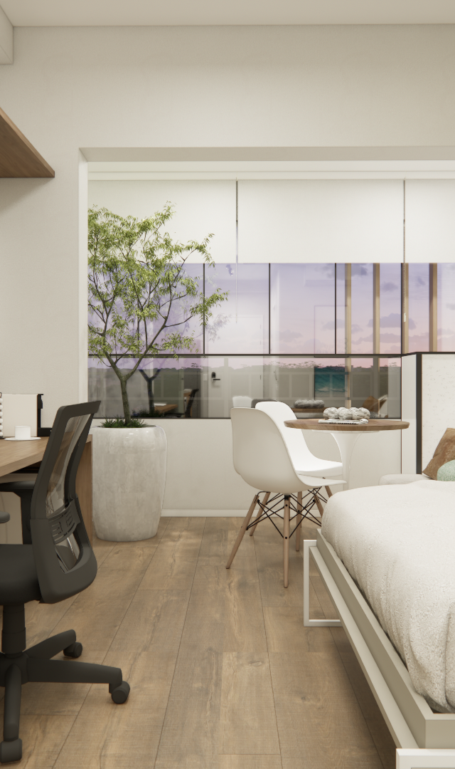Render 3D de estúdio de 26m² com tons neutros, marcenaria em madeira, cama, mesa de trabalho e varanda integrada com planta