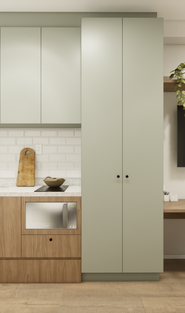 Render 3D de cozinha e home office integrados em verde e madeira clara com bancada, marcenaria planejada e tv na parede