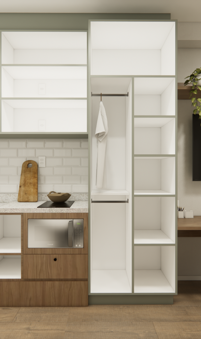Render 3D de cozinha e home office integrados em tons de verde, madeira e branco com marcenaria planejada e iluminação neutra