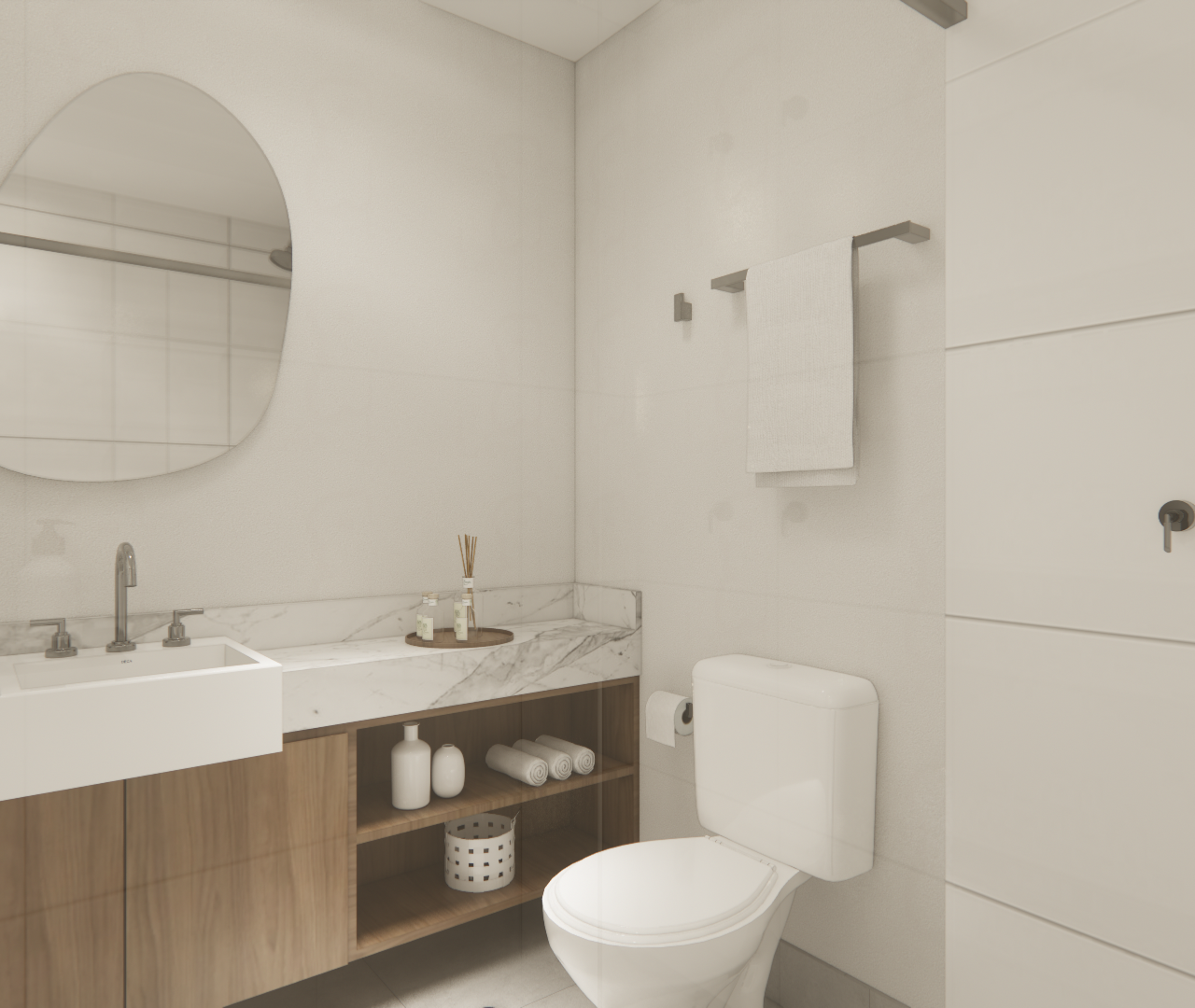 Render 3D de banheiro compacto com tons claros, marcenaria em madeira, bancada em mármore, cuba branca e espelho orgânico