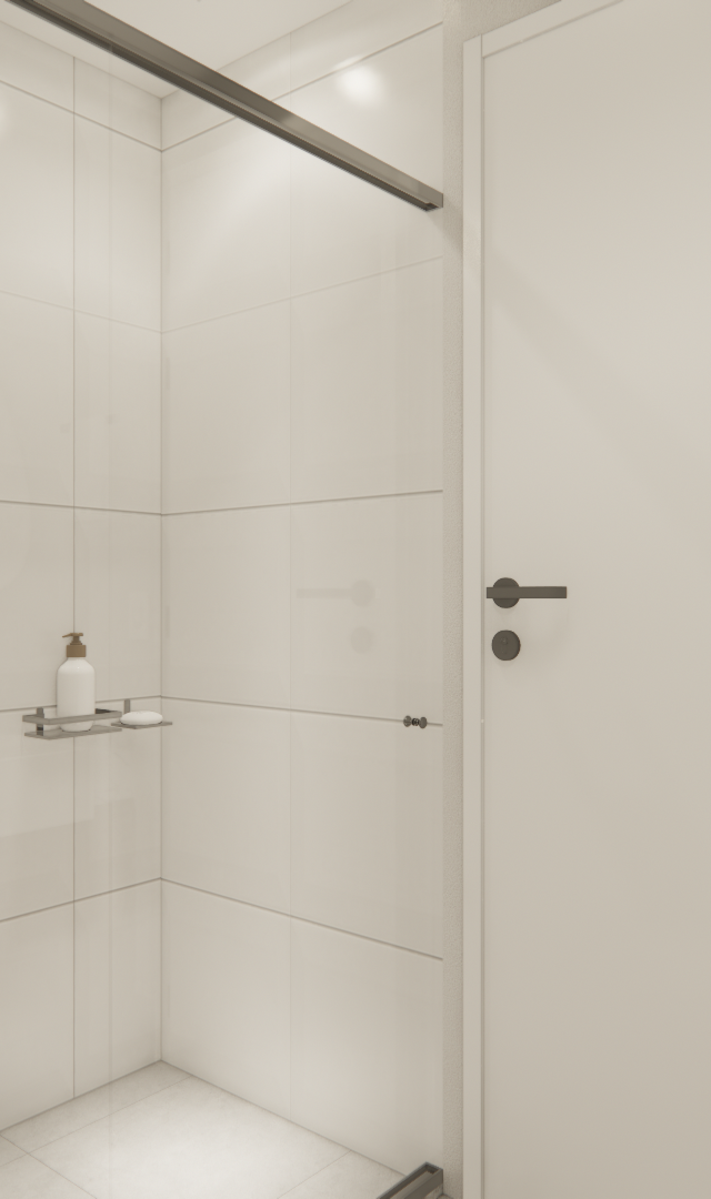 Render 3D de banheiro compacto com box em vidro, revestimento branco, metais cromados e bancada em pedra clara
