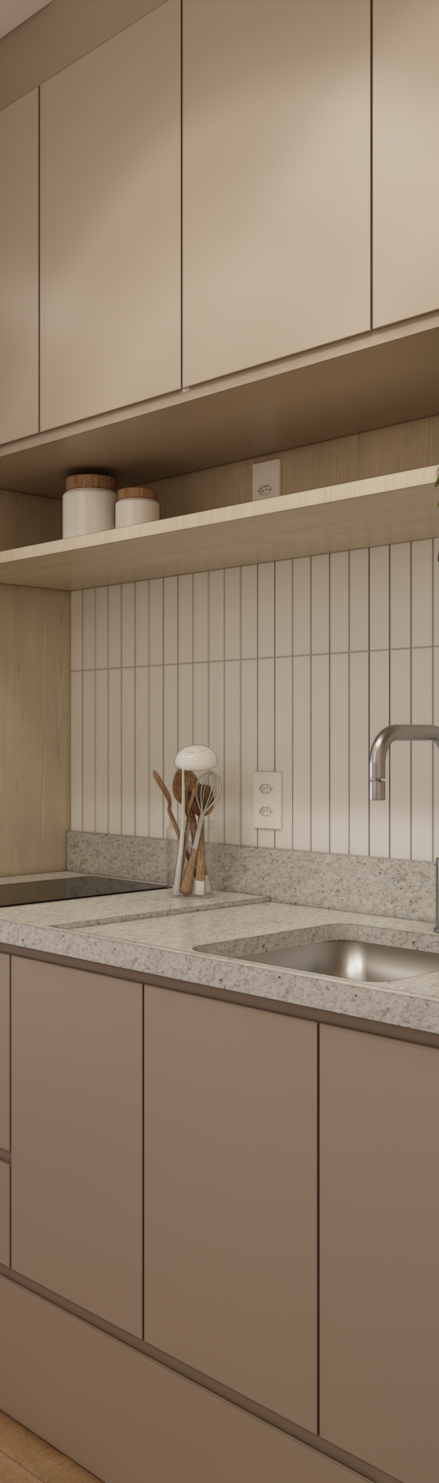 Render 3D de cozinha compacta e sala com marcenaria bege e madeira, tons neutros, iluminação indireta e bancada de granito
