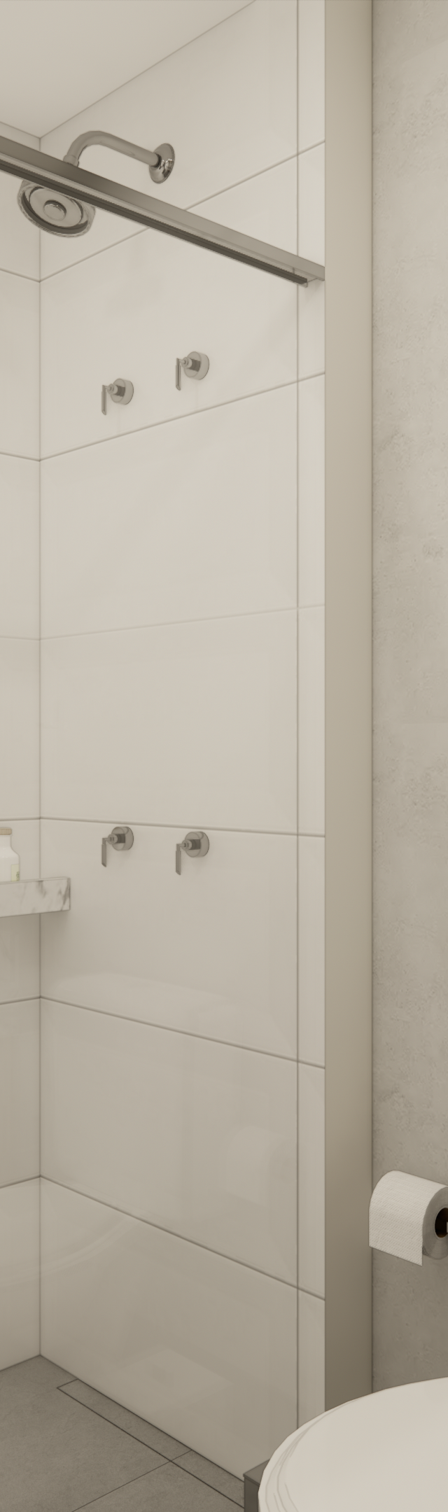 Render 3D de banheiro no Latitude Campo Belo com box de vidro, paredes brancas, bancada em mármore e tons neutros claros