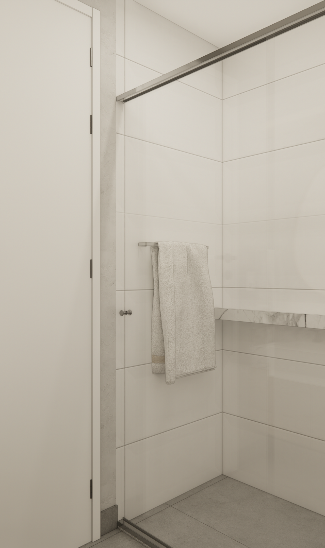 Render 3D de banheiro no Latitude Campo Belo com bancada de mármore, metais cromados, paredes claras e box de vidro