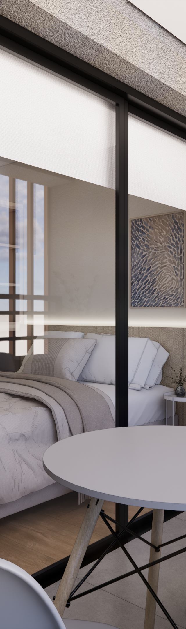 Render 3D de varanda gourmet com mesa redonda e cadeiras brancas, vista para quarto com marcenaria e tons neutros