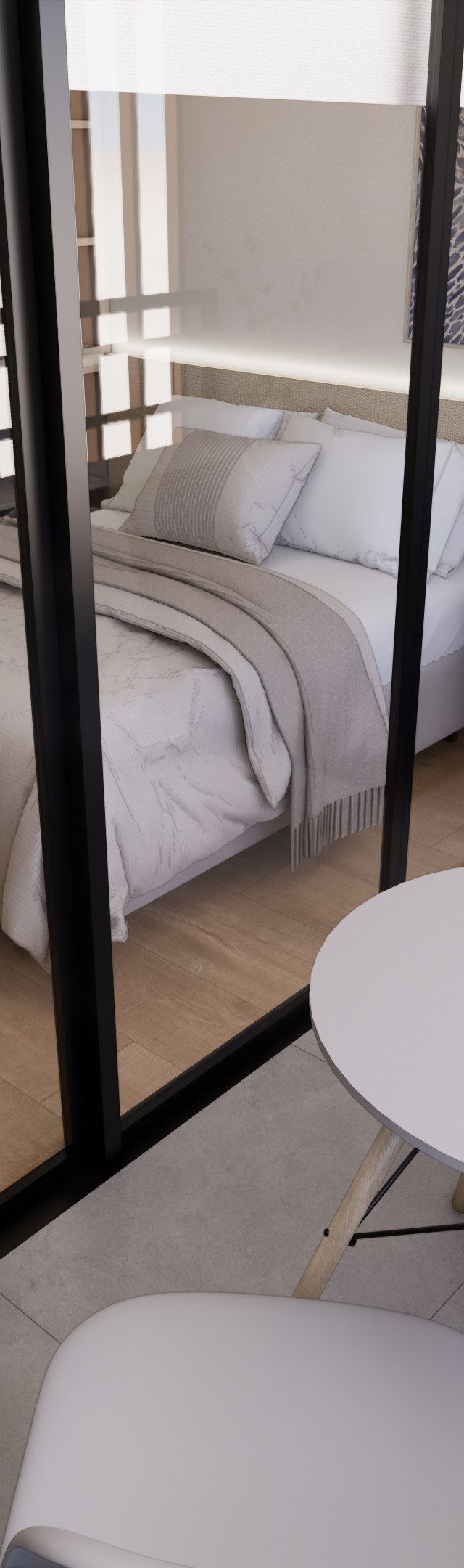Render 3D de varanda com mesa redonda branca e cadeiras, integrando visualmente com suíte de tons neutros em Campo Belo