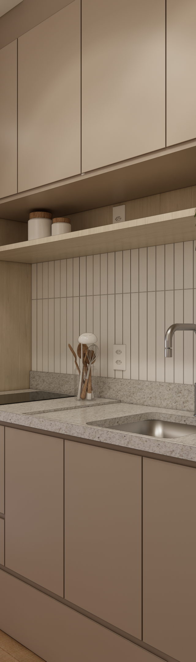 Render 3D de cozinha compacta integrada em tons bege, marcenaria em madeira clara, bancada em granito e varanda ao fundo