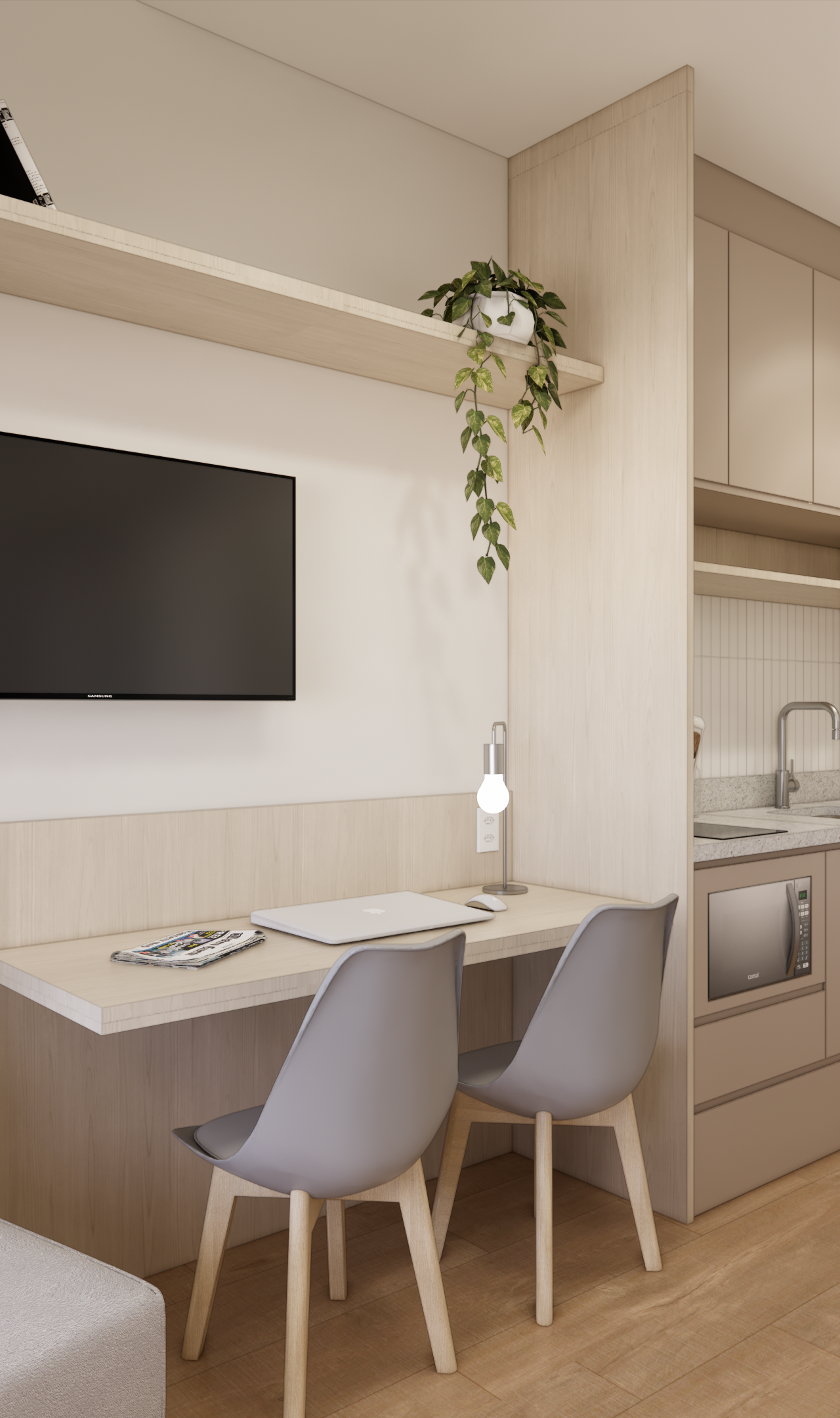 Render 3D de estúdio com marcenaria em tons claros, mesa de trabalho, sofá cinza, cozinha compacta e iluminação indireta
