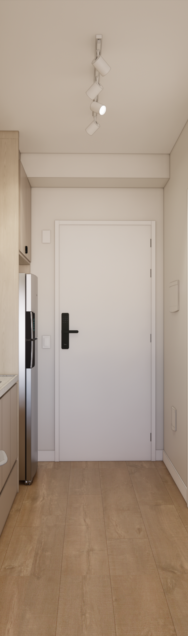 Render 3D de estúdio no Latitude Campo Belo com tons claros, marcenaria em madeira, mesa de trabalho e closet aberto