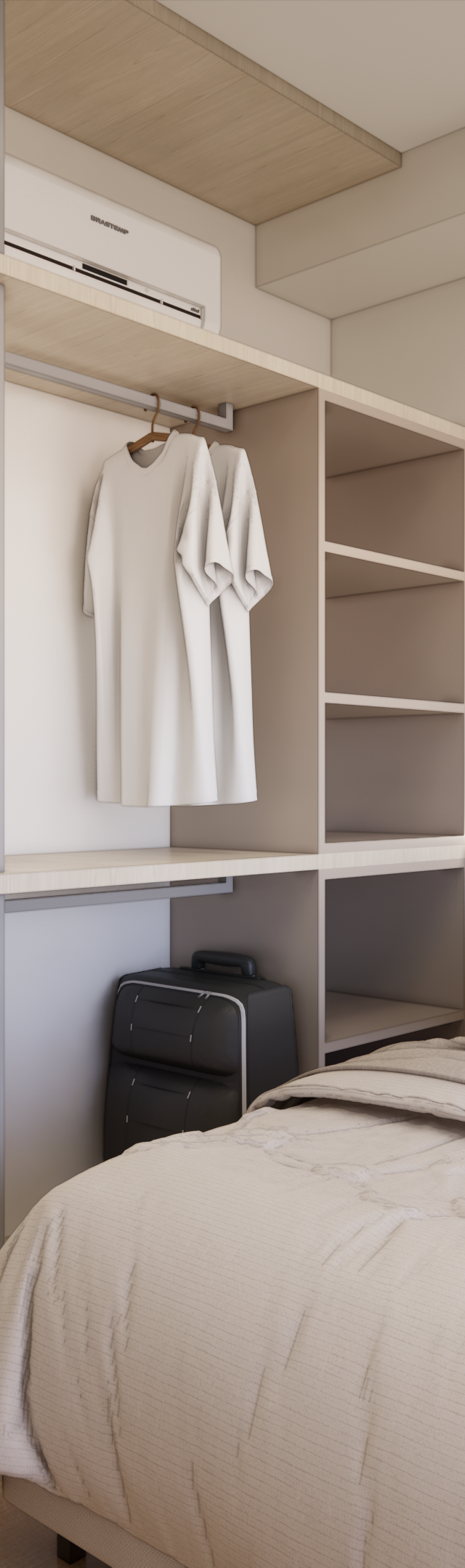 Render 3D de quarto no Latitude Campo Belo com tons neutros, cama, marcenaria aberta em madeira clara e iluminação suave