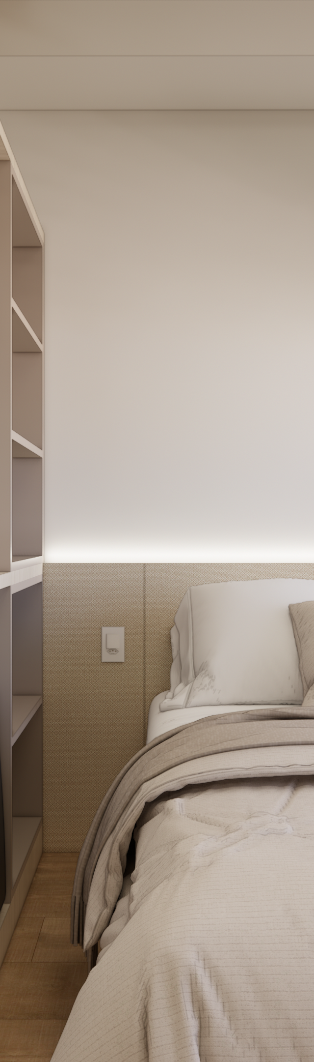 Render 3D de quarto no Latitude Campo Belo com tons neutros, cama de casal, marcenaria aberta e iluminação indireta