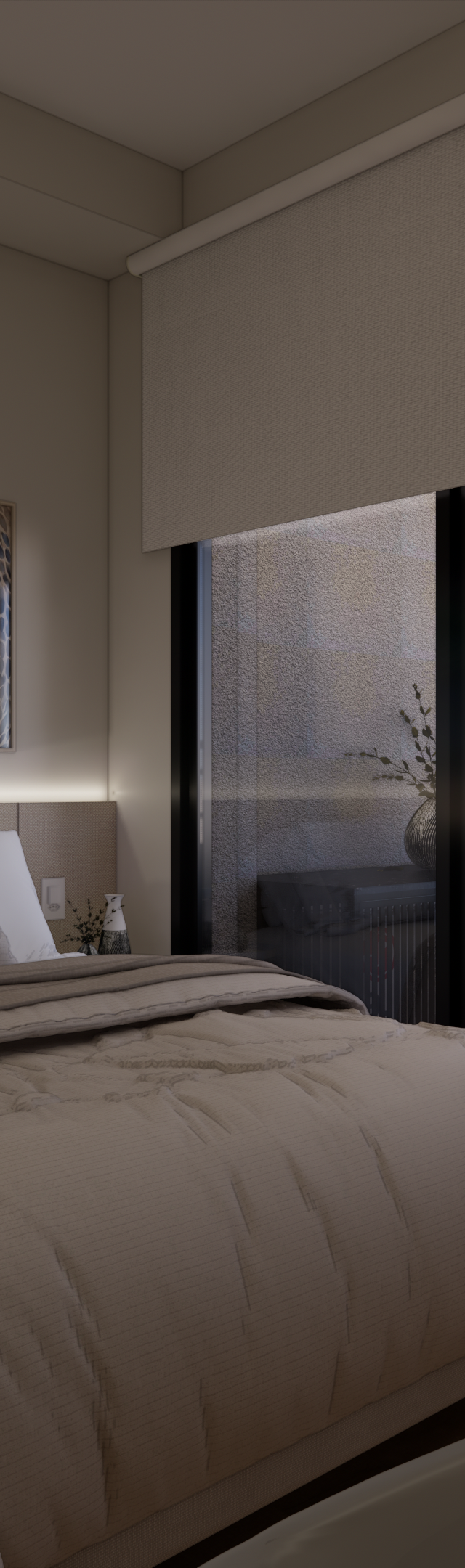 Render 3D de quarto com tons neutros, cama de casal, iluminação indireta e varanda integrada com mesa e cadeiras brancas