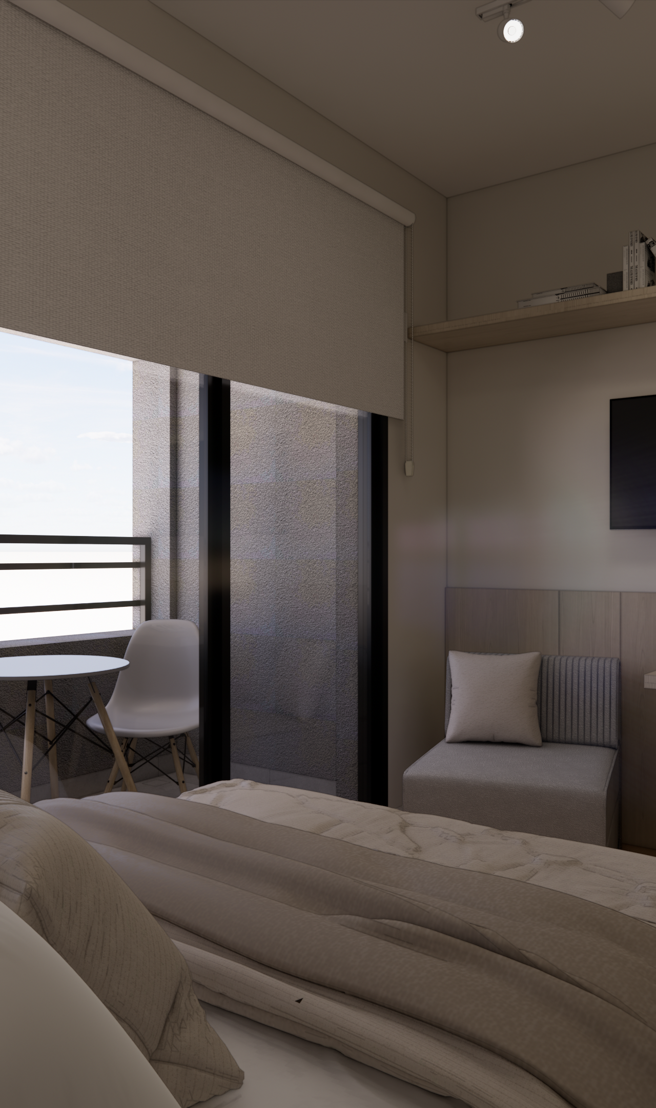 Render 3D de dormitório com varanda, marcenaria em tons claros, mesa de trabalho, cadeiras cinzas e iluminação suave