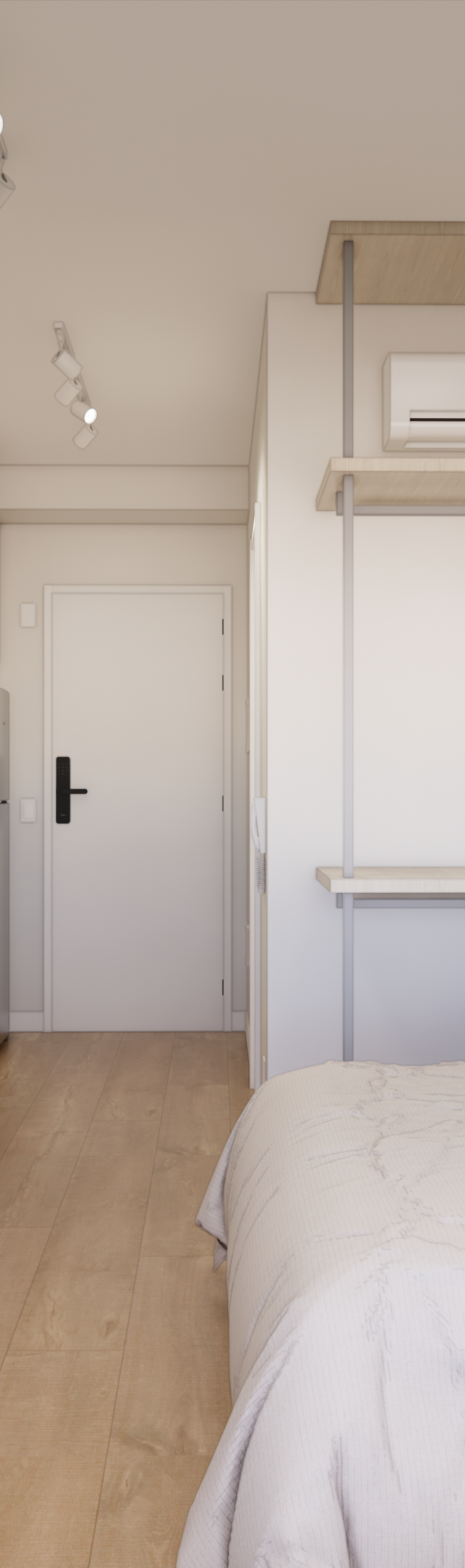 Render 3D de estúdio em tons claros com marcenaria em madeira, cama, mesa de trabalho, poltrona e iluminação embutida