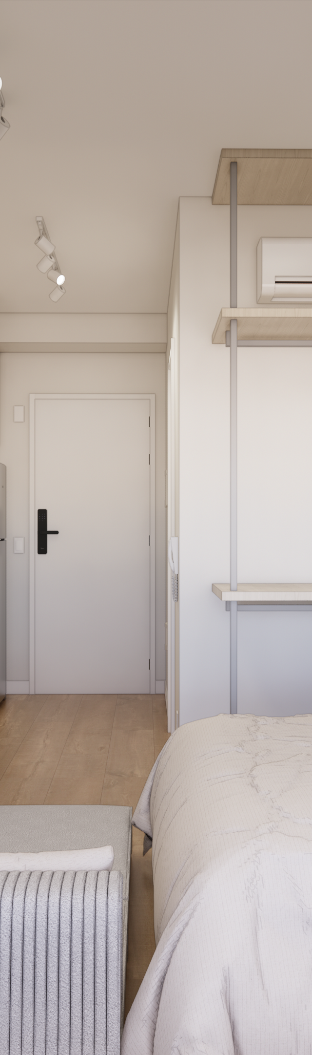 Render 3D de estúdio no Latitude Campo Belo com tons claros, marcenaria em madeira, cama, mesa de trabalho e closet aberto