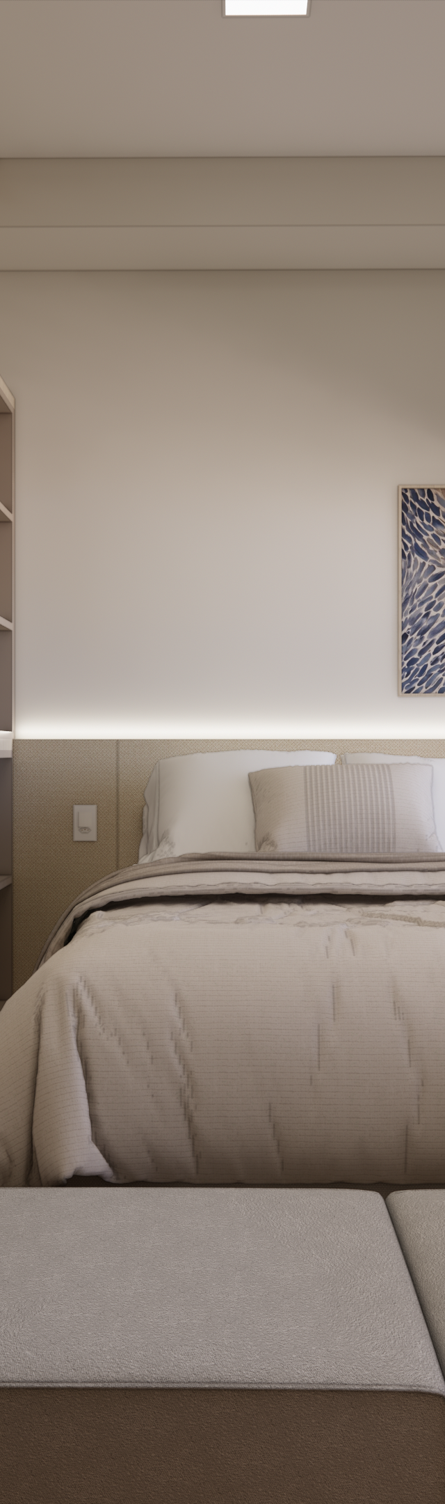 Render 3D de quarto com tons neutros, guarda-roupa aberto, cama, sofá-cama e varanda integrada com iluminação indireta