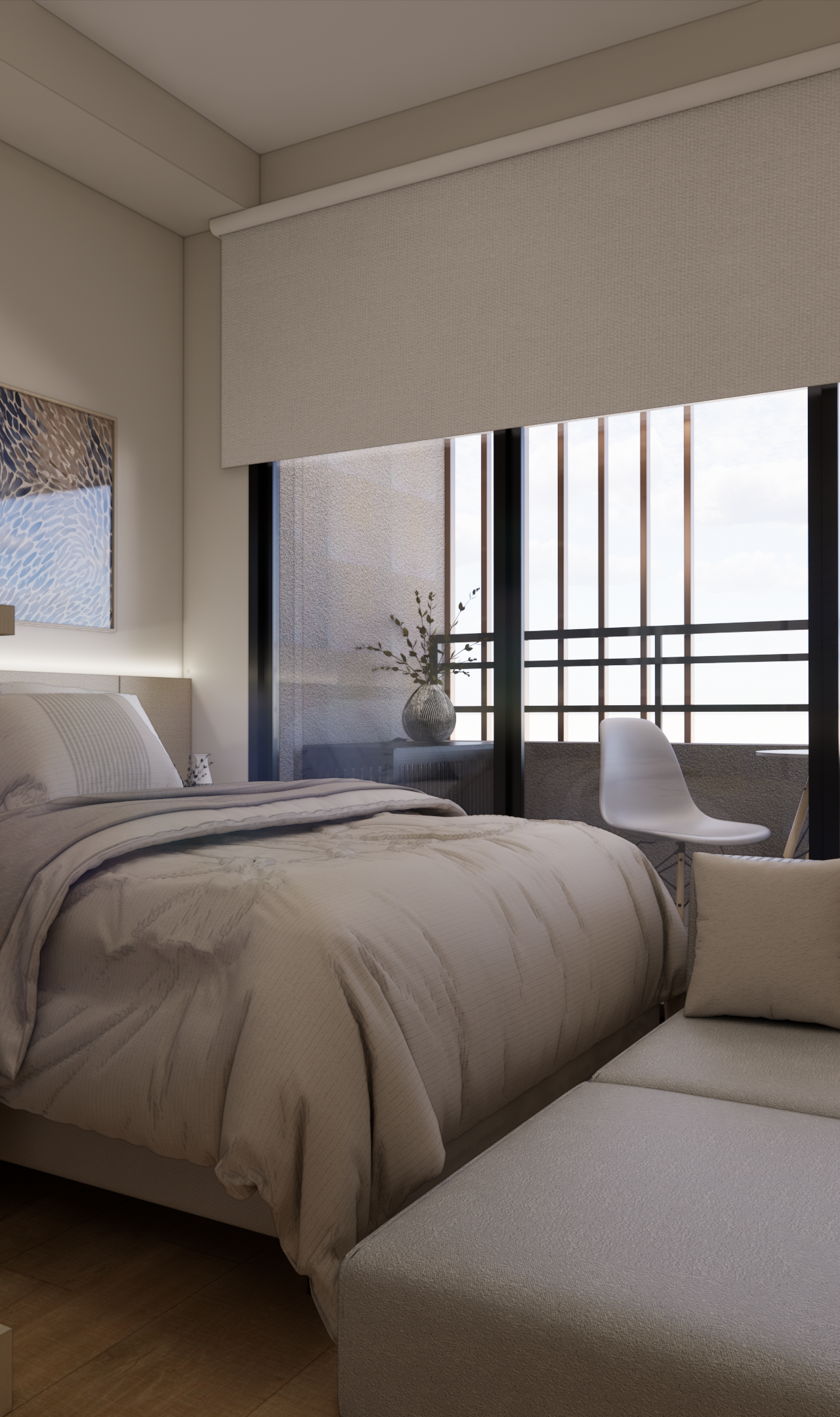 Render 3D de quarto no Latitude Campo Belo, tons neutros, cama, chaise, mesa de trabalho e varanda com poltronas