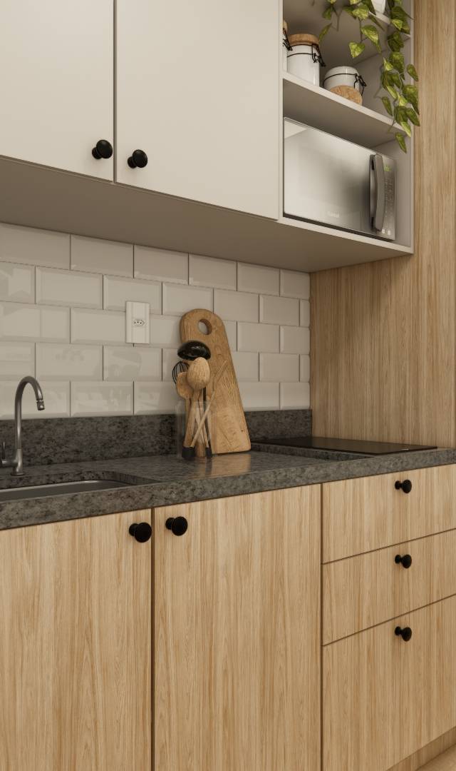 Render 3D de cozinha no DF ZIP Brooklin com marcenaria em tons de madeira e branco, bancada em pedra escura e metrô white