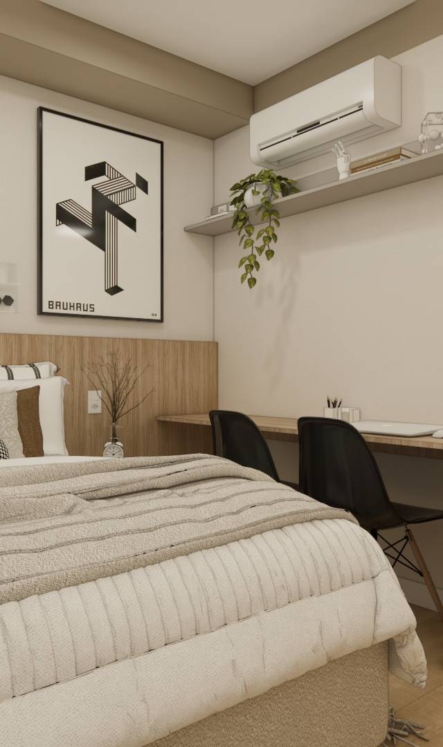 Render 3D quarto ZIP Brooklin com cama, cabeceira amadeirada, bancada de estudo, espelho oval e tons neutros suaves