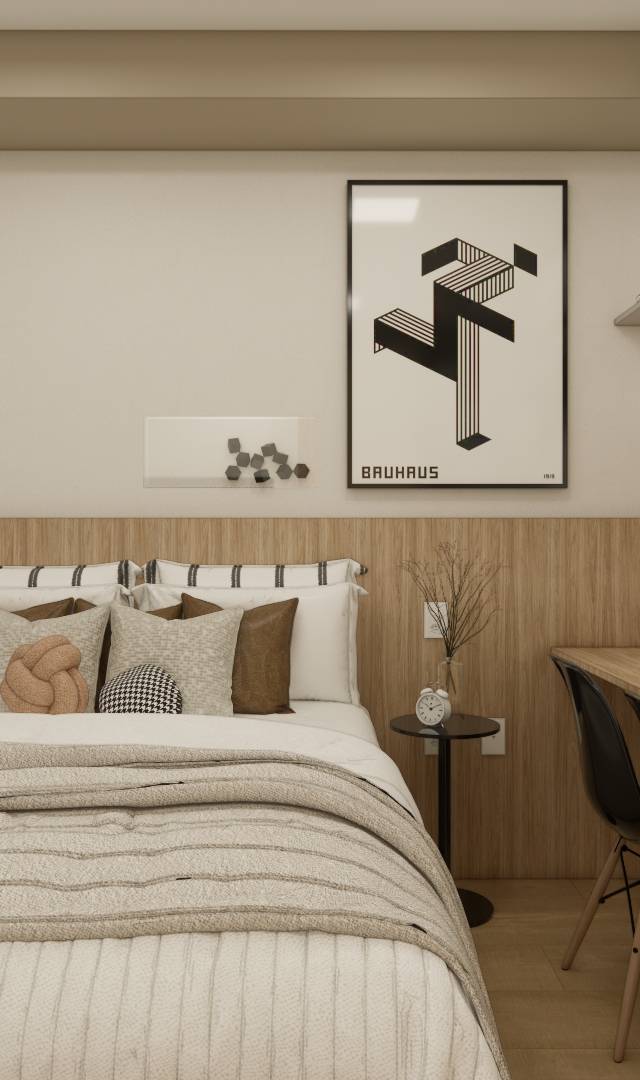 Render 3D quarto ZIP Brooklin com cama, cabeceira e bancada em madeira, cores neutras, iluminação suave e decoração</sup>