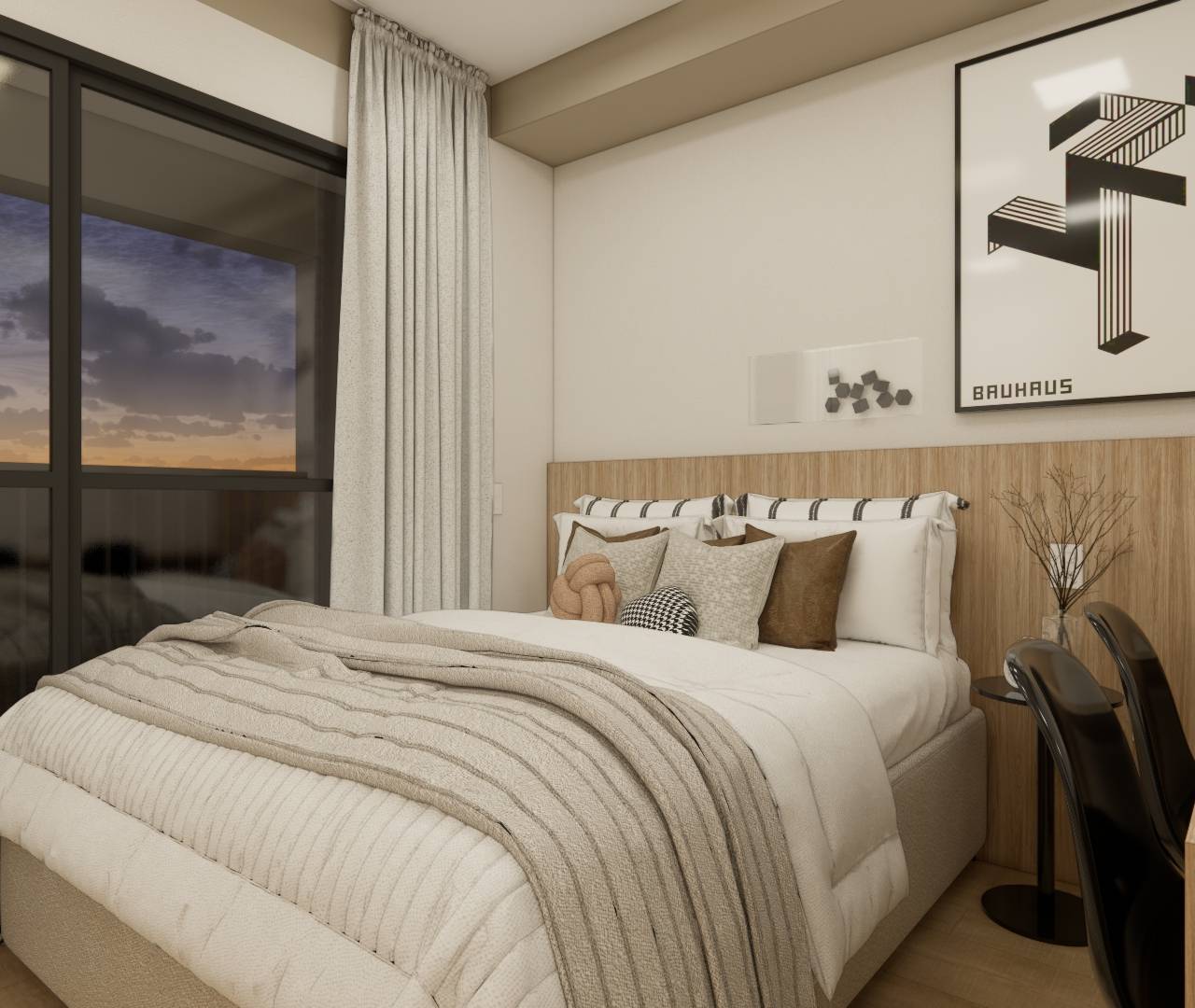 Render 3D de quarto no ZIP Brooklin com cama em tons neutros, marcenaria em madeira clara, mesa e quadros Bauhaus