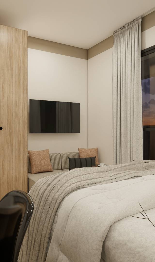 Render 3D de estúdio no DF - ZIP Brooklin com marcenaria em madeira clara, cozinha compacta, cama, TV e vista noturna