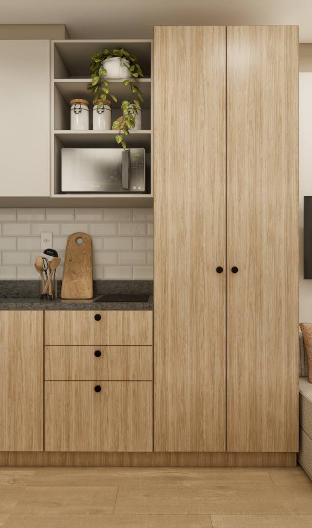 Render 3D de cozinha compacta DF - ZIP Brooklin com marcenaria em madeira e bege, bancada escura e sofá cinza com almofadas