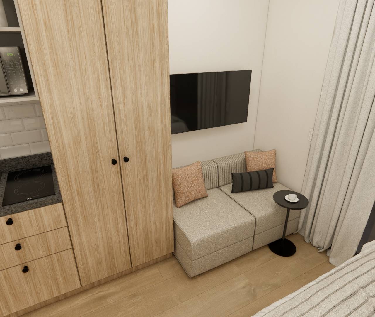 Render 3D de apartamento compacto DF Brooklin com marcenaria em madeira clara, sofá cinza, TV e bancada de cozinha escura