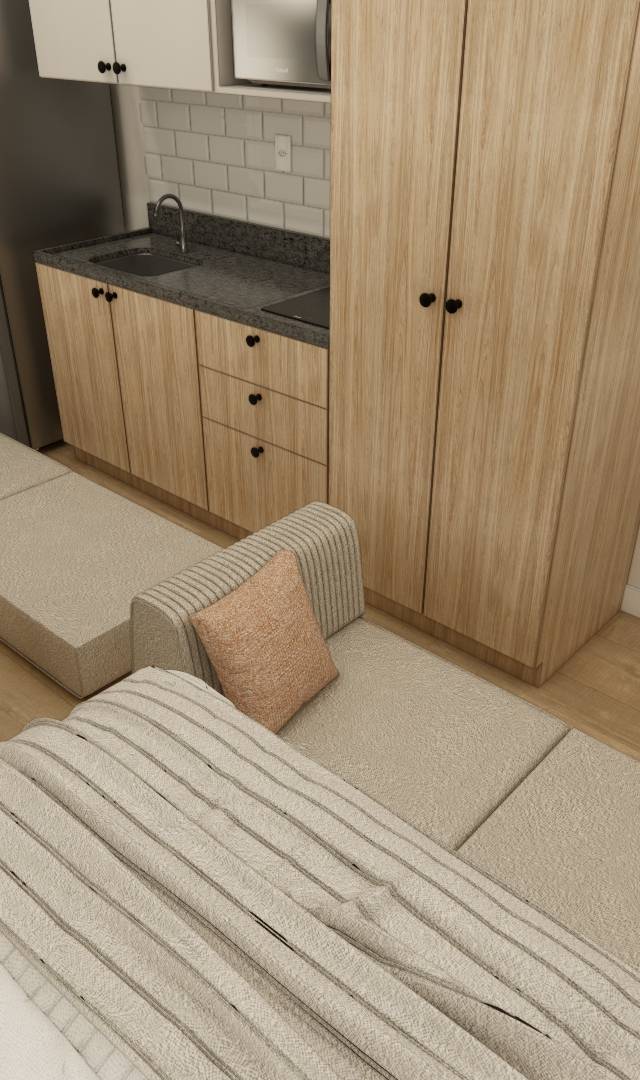 Render 3D do studio ZIP Brooklin com cozinha integrada, marcenaria em tons amadeirados, sofás-cama e bancada de trabalho