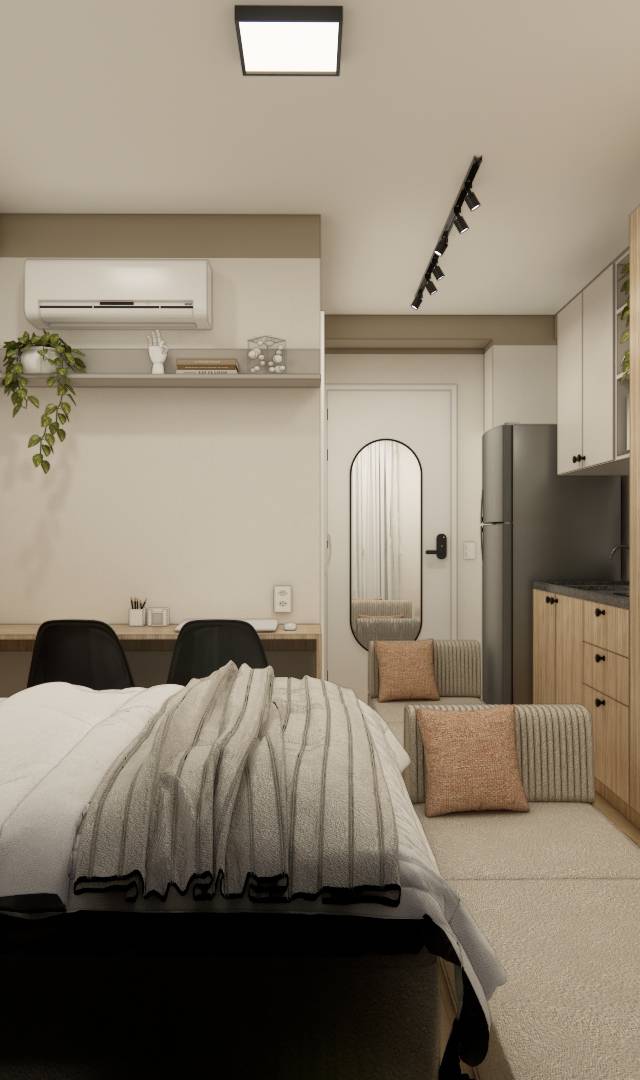 Render 3D de estúdio no ZIP Brooklin com tons neutros, marcenaria em madeira, cama, mesa de trabalho e cozinha compacta