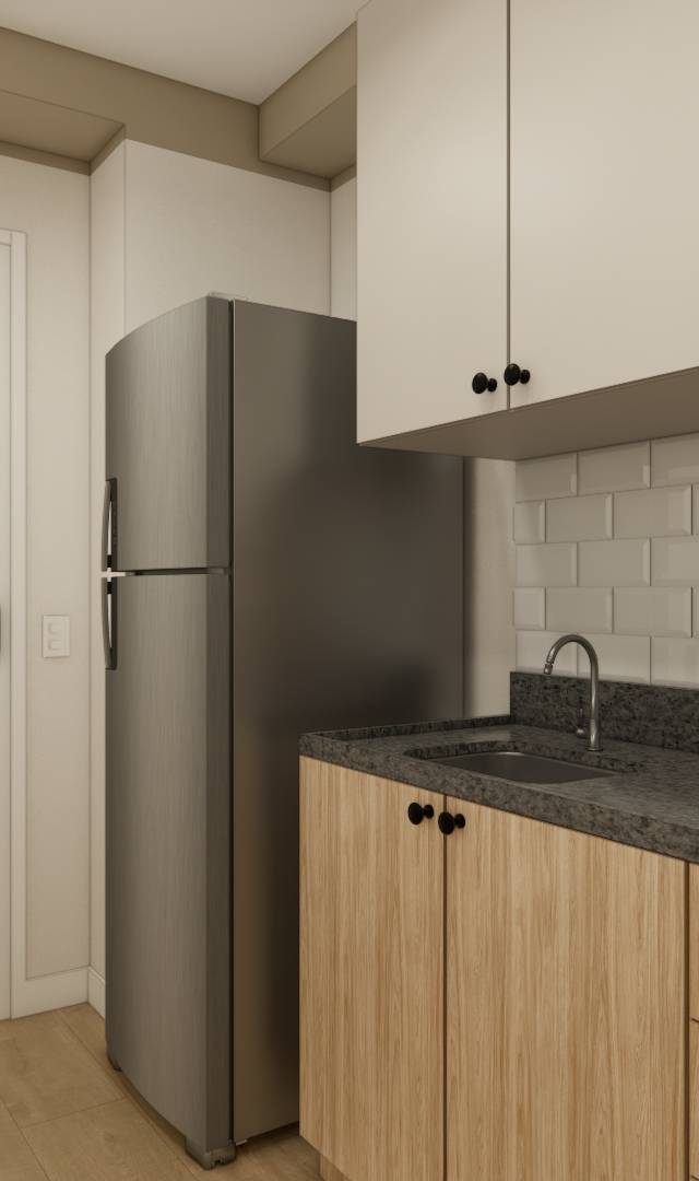 Render 3D de cozinha compacta no ZIP Brooklin, marcenaria em madeira clara, bancada em pedra cinza e metrô white nas paredes