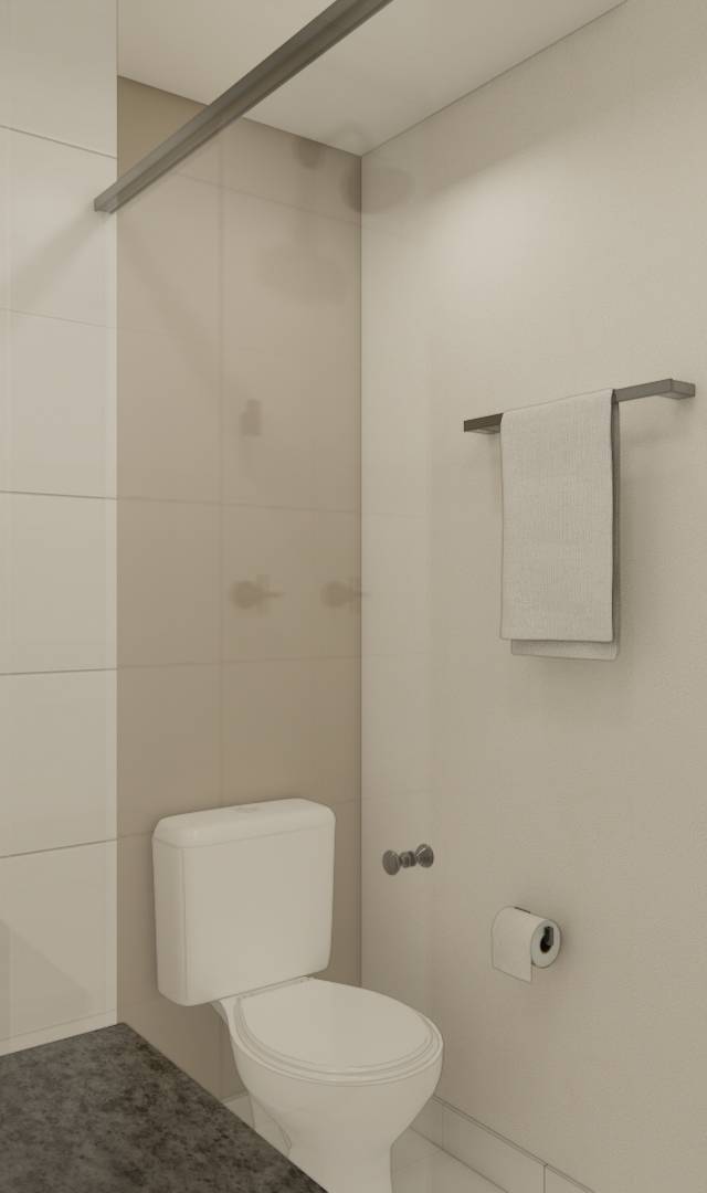 Render 3D de banheiro no DF - ZIP Brooklin com tons claros, metais pretos, bancada em pedra escura e box de vidro