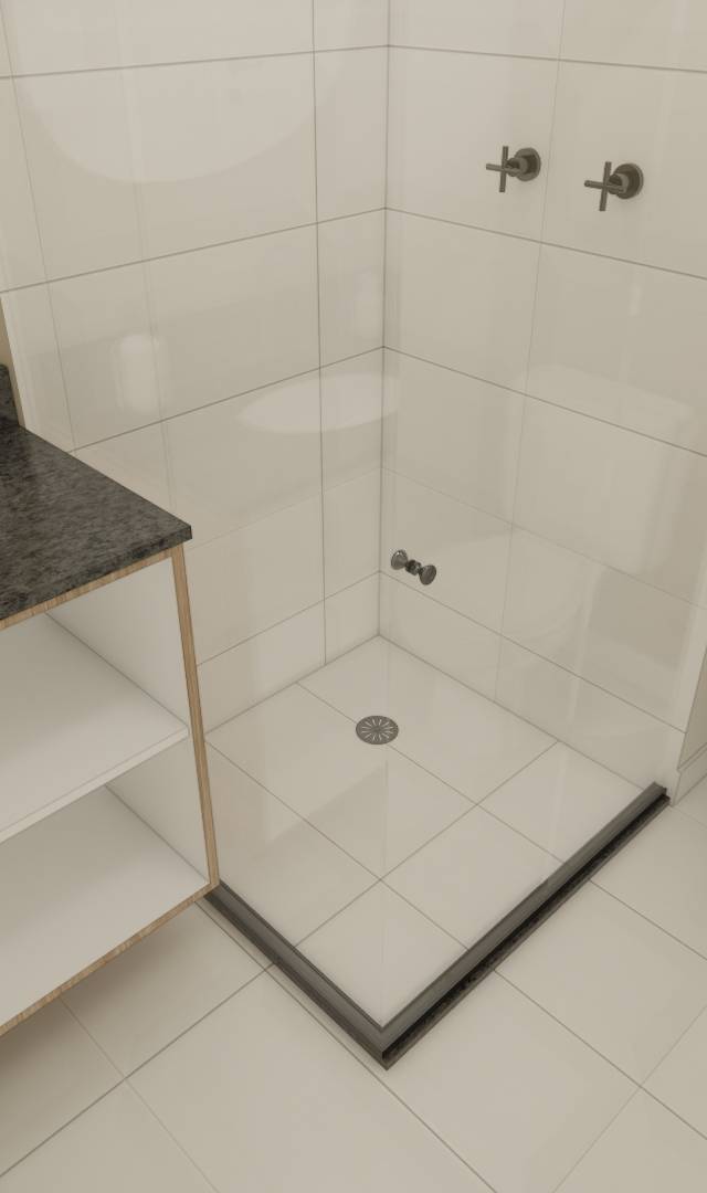 Render 3D do banheiro no DF ZIP Brooklin com bancada de granito, móvel amadeirado, box de vidro e metais pretos