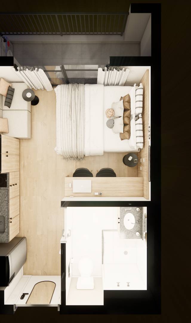 Vista superior 3D de estúdio no DF ZIP Brooklin com cama, cozinha linear, sala, mesa e banheiro em tons claros e madeira
