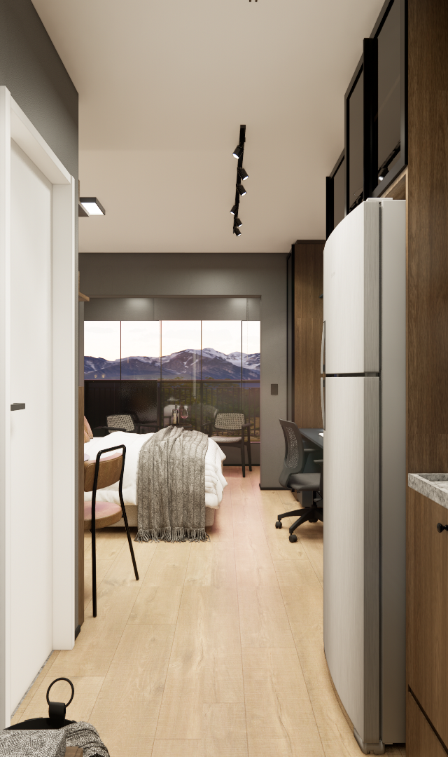 Render 3D de apartamento compacto com cozinha linear, marcenaria em tons amadeirados, eletrodomésticos e área de quarto