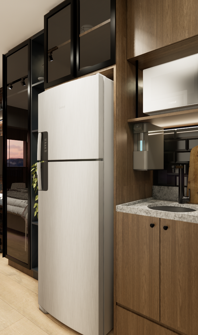 Render 3D de estúdio compacto com cozinha amadeirada, bancada em granito, refrigerador, área de trabalho e quarto integrado