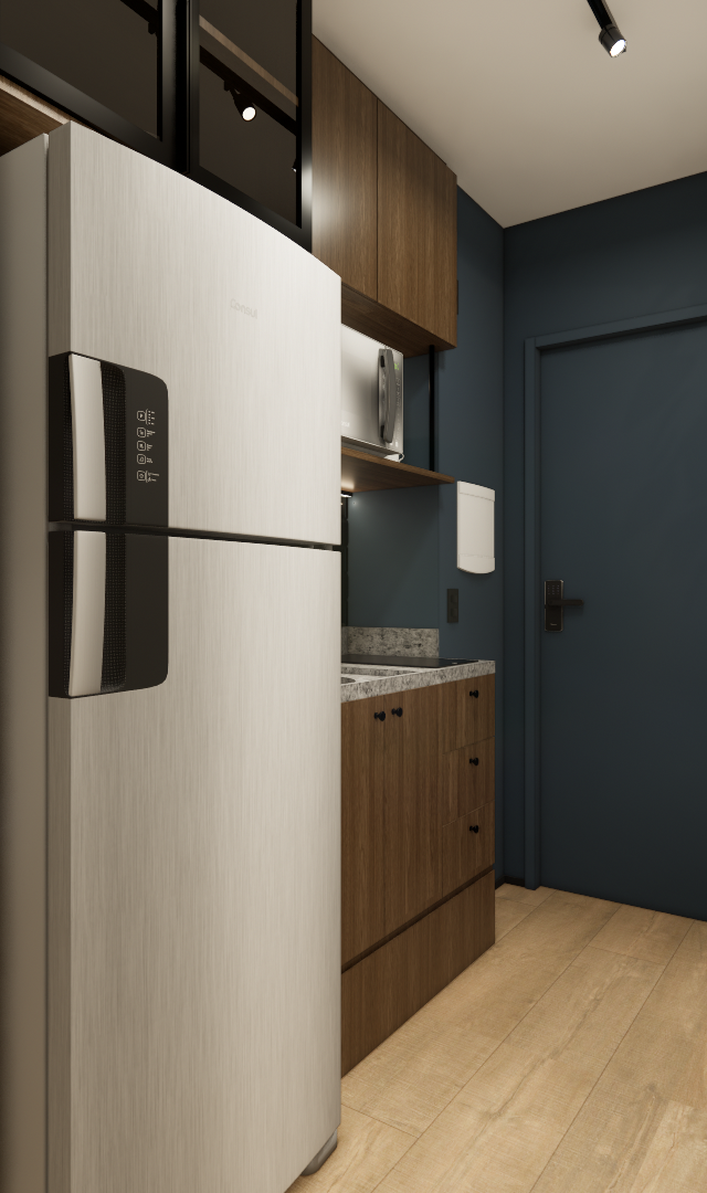 Render 3D de cozinha compacta com marcenaria em madeira e azul escuro, prateleiras iluminadas, geladeira inox e piso amadeirado
