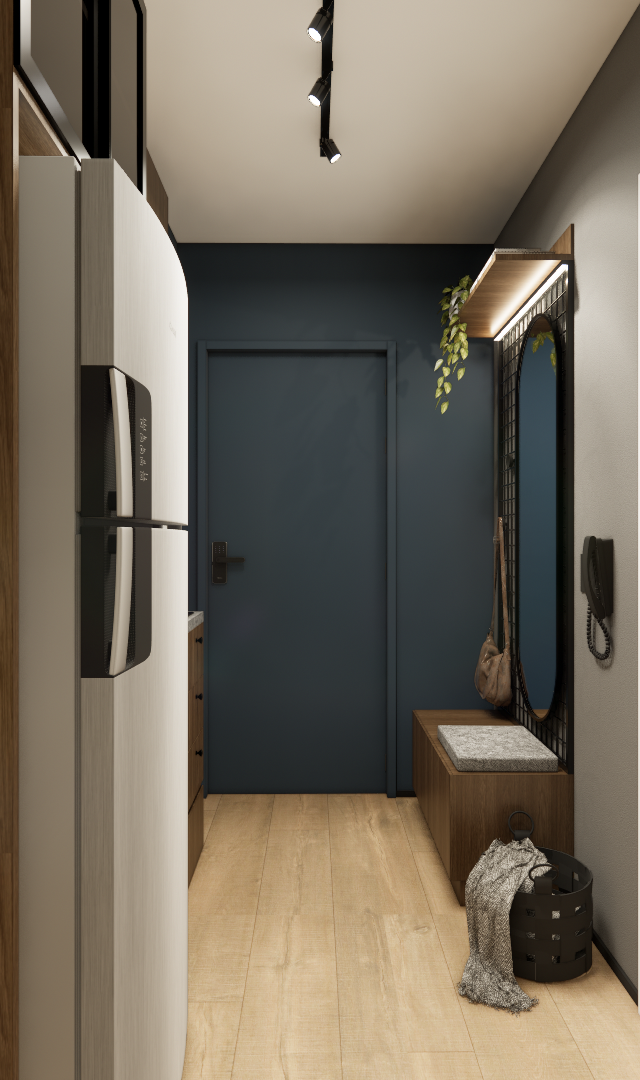 Render 3D de hall de entrada em apartamento, tons de azul e madeira, marcenaria preta, espelho, banco e luz indireta