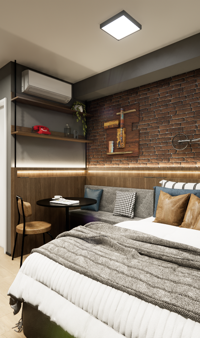 Render 3D de estúdio no Butantã com cama, parede de tijolinhos, iluminação em LED, marcenaria em madeira e tons de cinza