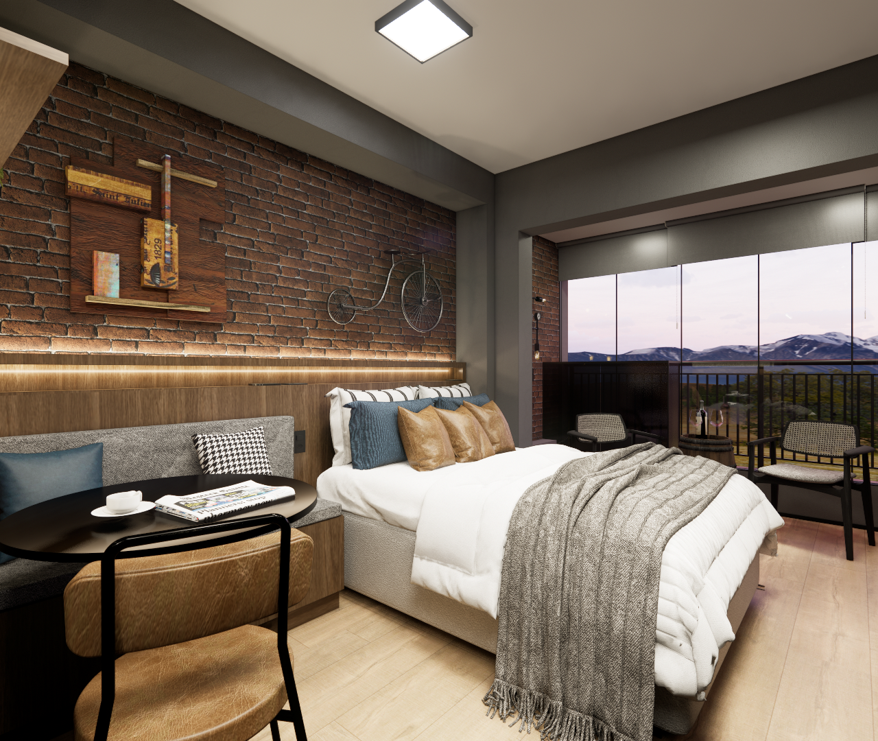 Render 3D de quarto pequeno com parede de tijolos aparentes, cama de casal, mesa de jantar e vista para varanda
