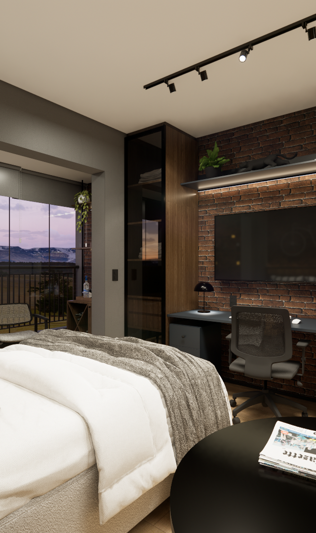 Render 3D de estúdio no Butantã com parede de tijolinhos, marcenaria escura, iluminação em trilho e vista para varanda