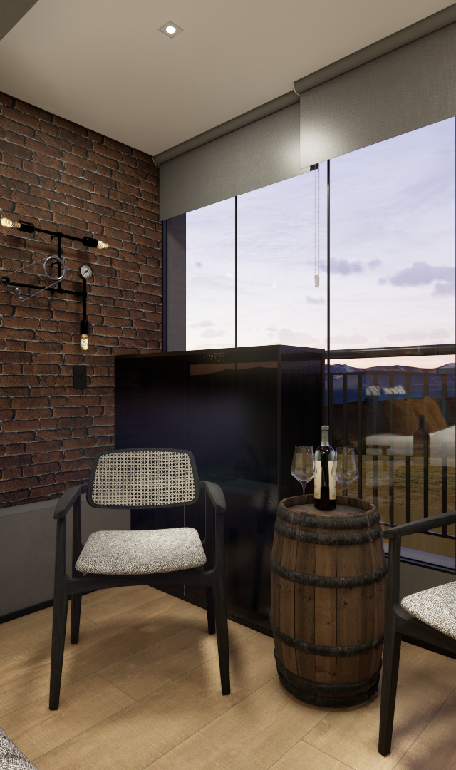 Render 3D de quarto pequeno com parede de tijolos aparentes, duas poltronas de palhinha, mesa de barril e varanda envidraçada