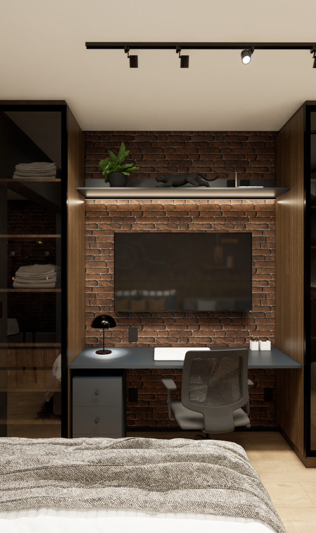 Render 3D de estúdio com parede de tijolos, marcenaria em madeira escura, armários com vidro, mesa de trabalho e iluminação