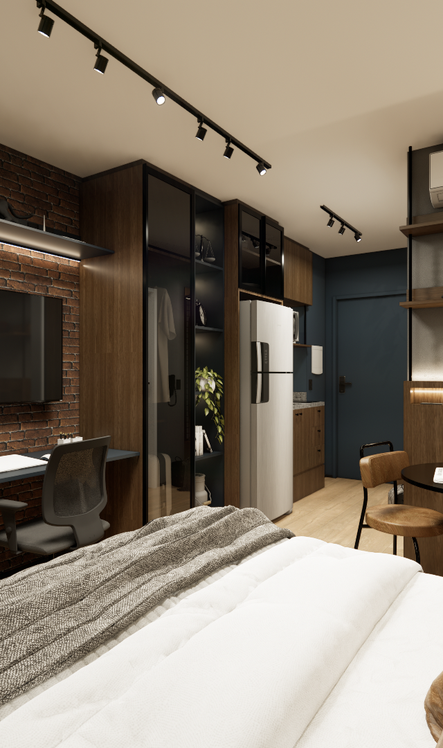 Render 3D de estúdio de 29m² com parede de tijolinhos, iluminação em trilho, marcenaria em madeira escura e tons de azul