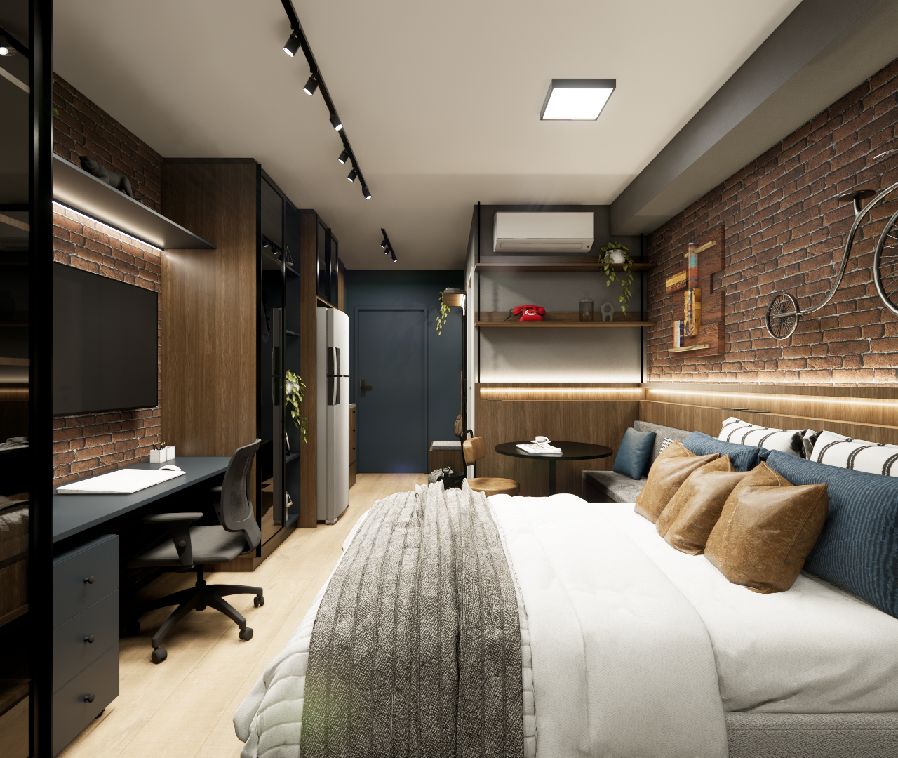 Render 3D de estúdio no Butantã com parede de tijolos, marcenaria em tons escuros, iluminação linear e cama de casal