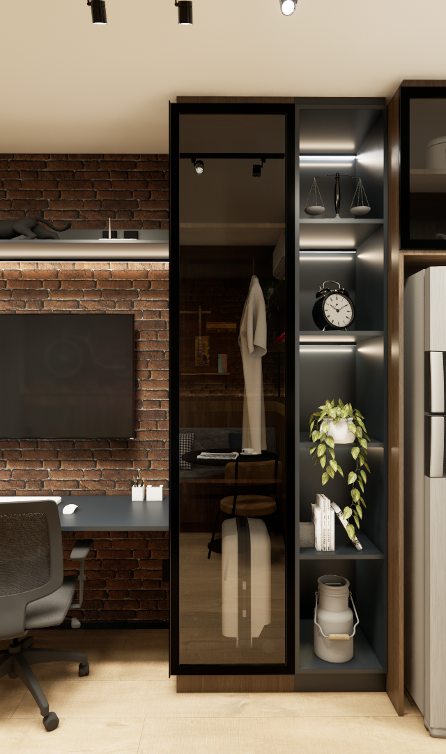 Render 3D de estúdio com marcenaria em madeira e cinza, parede de tijolinhos, mesa de trabalho e cozinha integrada compacta