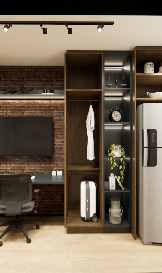Render de estúdio 29m² com marcenaria em madeira e grafite, parede de tijolinhos, home office, cozinha e iluminação em trilho