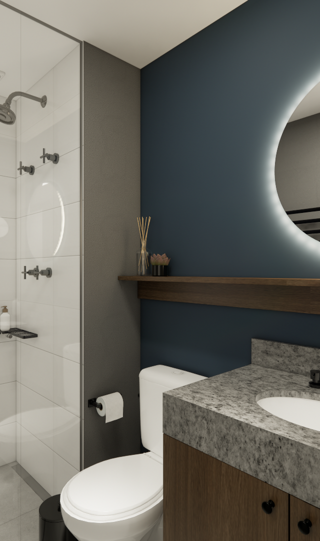 Render 3D de banheiro compacto com parede azul, espelho redondo iluminado, bancada em granito e box com azulejo branco