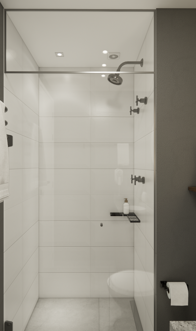 Render 3D de banheiro moderno com paredes cinzas, box de vidro, metais pretos, prateleira de madeira e iluminação embutida