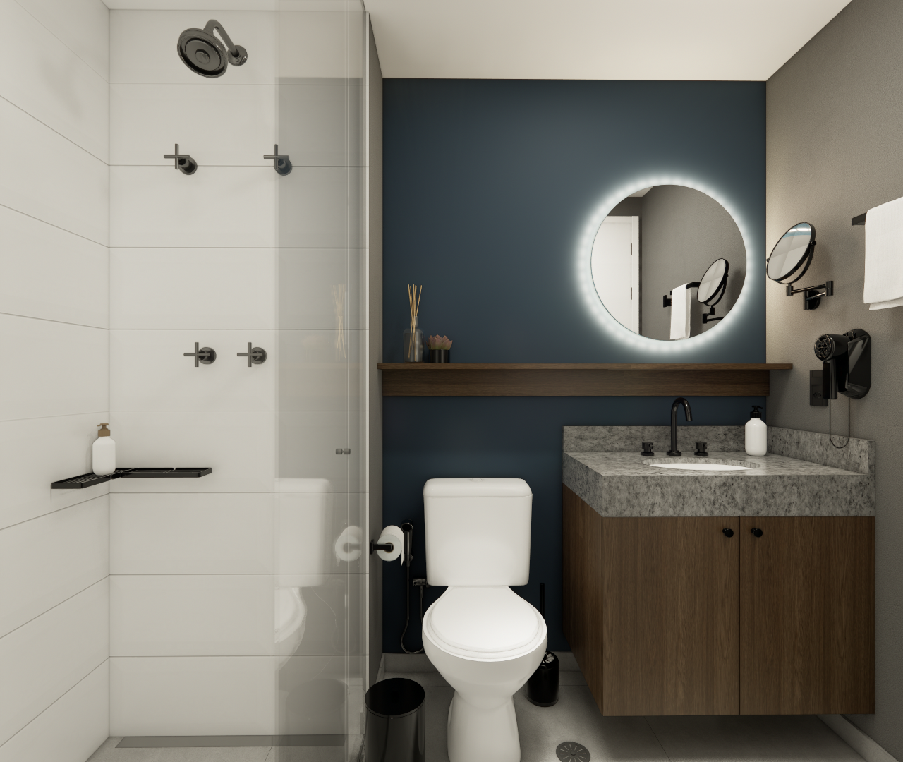 Render 3D de banheiro pequeno com parede azul, espelho redondo com LED, marcenaria em madeira e metais pretos no Butantã